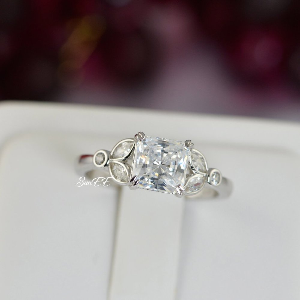 14k WHITE GOLD 925 STERLING SILVER PRINCESS CUT WEDDING BAND ENGAGEMENT RING - Picture 7 of 11